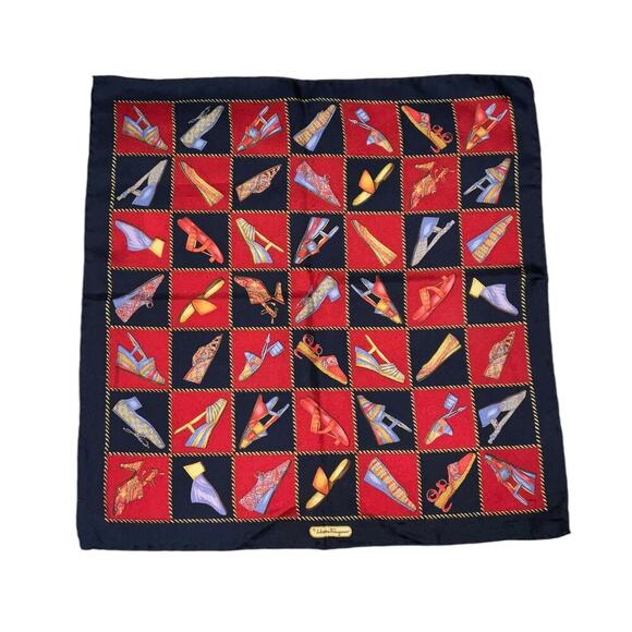 Salvatore Ferragamo Vintage 100% Silk Shoe Designs Scarf 16” Square Red Blue - Picture 1 of 12